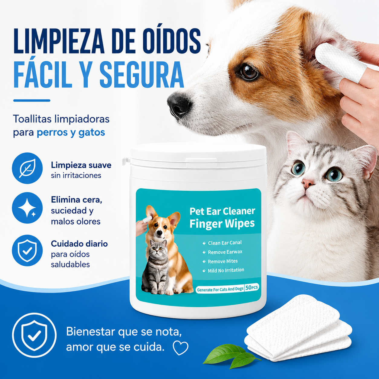 Toallitas Limpiadoras de Oídos para Perros y Gatos
