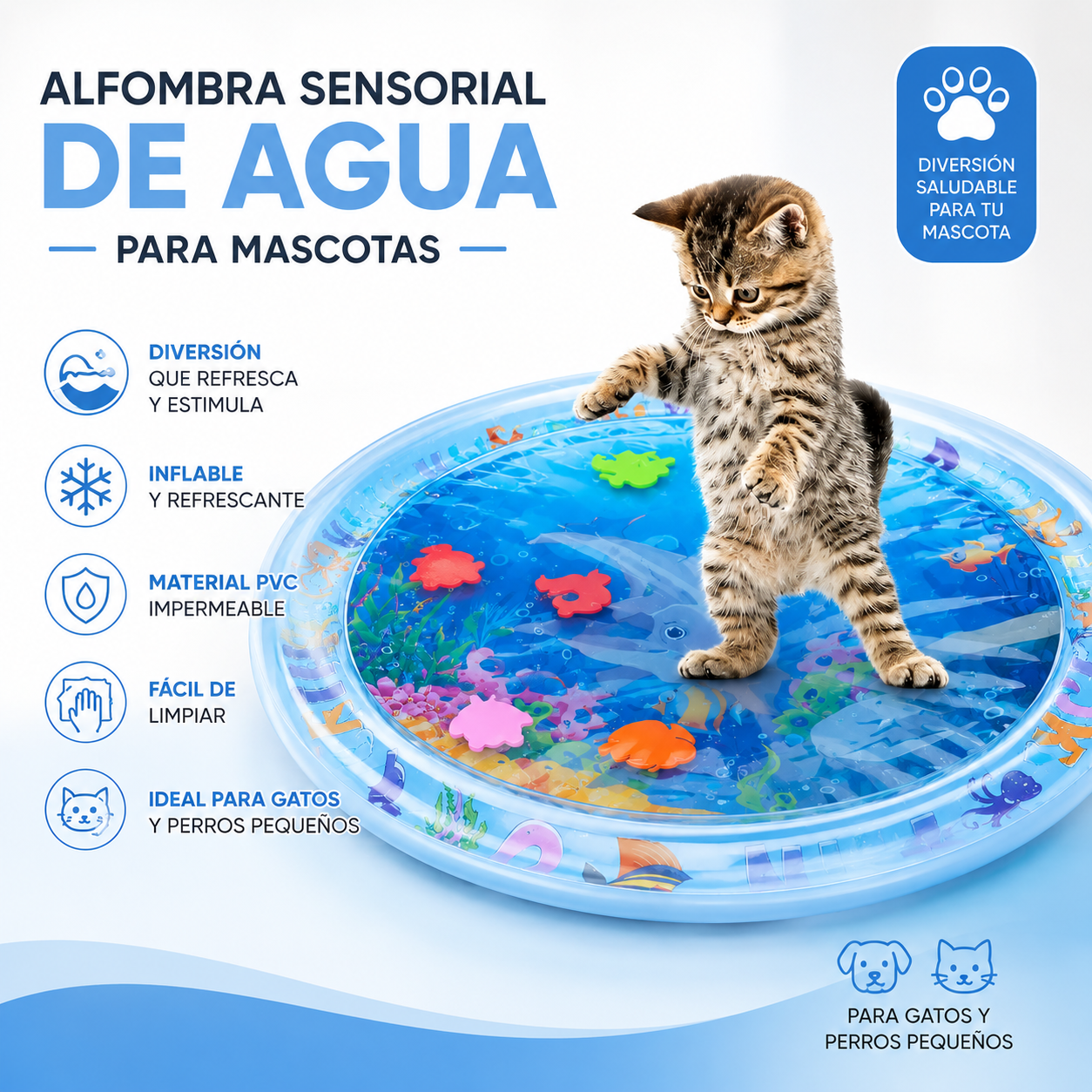 Alfombra Sensorial de Agua para Gatos – Juego y Frescor con Diseño Océano